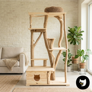 Arbre à chat design en bois de branche naturelle avec cachette, tunnel et plateformes XXL, idéal pour Maine Coon, tons beige et bois clair.