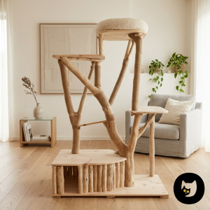 Arbre à chat artisanal en bois naturel avec cabane en rondins, plateformes XXL et dodo en fourrure blanche, design original pour Maine Coon ou Bengal.ou ragdoll