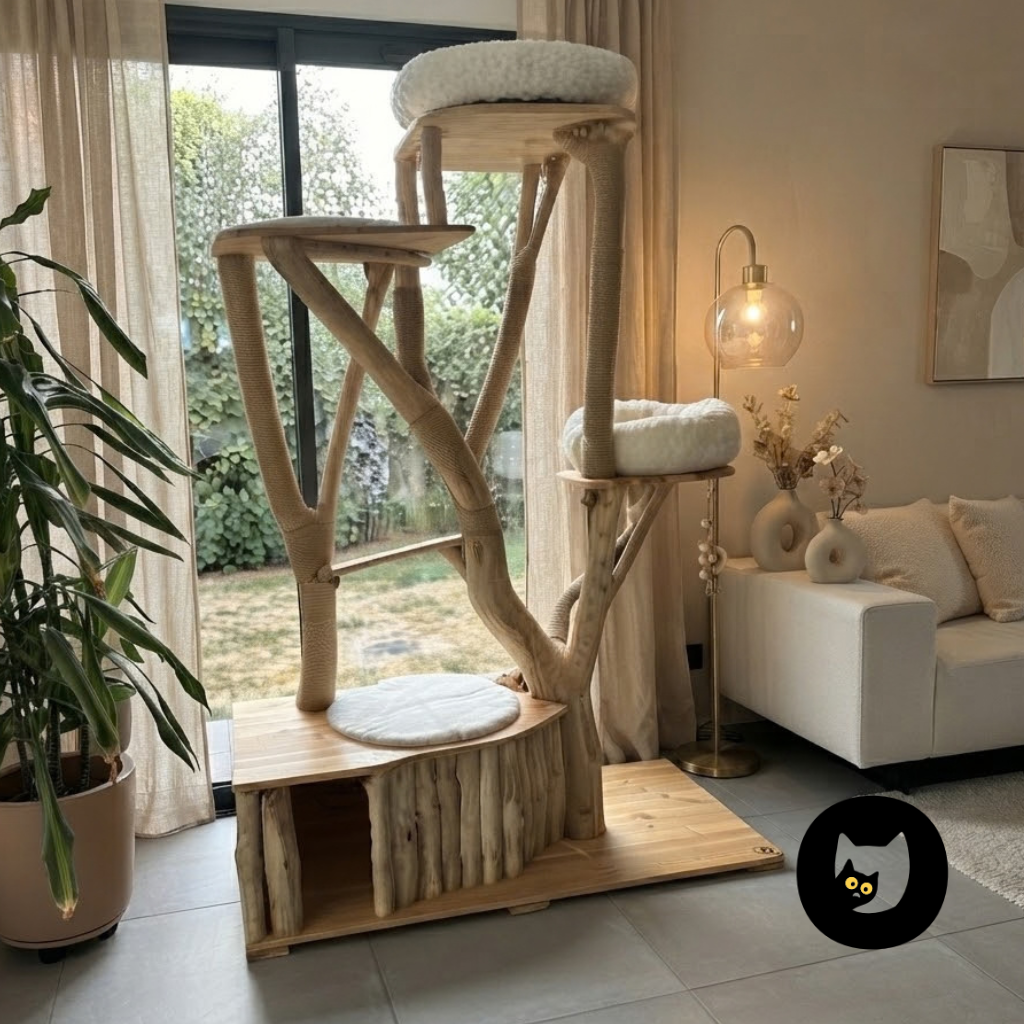 Arbre à chat CH'ADORE n°11 géant en bois naturel avec cabane de base, plateformes hautes et coussins douillets blancs.