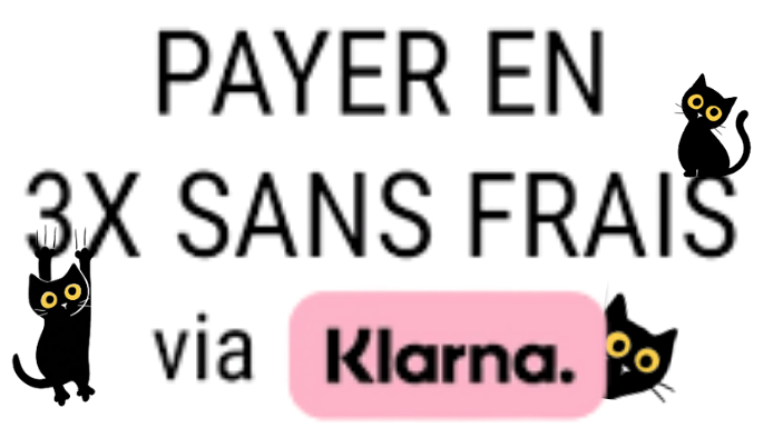 Logo klarrna avec mention paiement en 4 fois sans frais, illustré par les mascottes chats noirs de l'atelier Ch'adore pour l'achat d'un arbre à chat en bois artisanal.