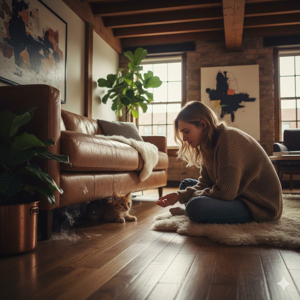 Une femme agenouillée dans un salon moderne et chaleureux avec des poutres en bois, regardant avec douceur et tristesse un petit chaton qui s'est réfugié sous un fauteuil design.