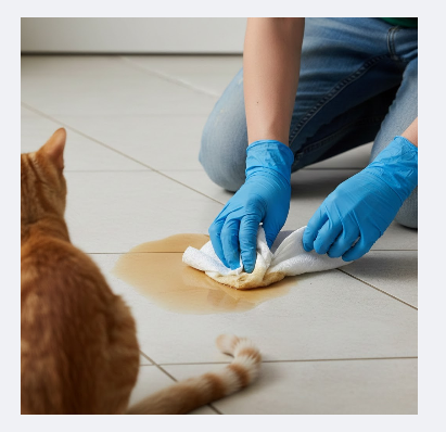 Vue en gros plan d'une personne agenouillée avec des gants bleus nettoyant une tache d'urine de chat sur un carrelage clair avec un essuie-tout. Au premier plan, de dos, un chat roux observe la scène.