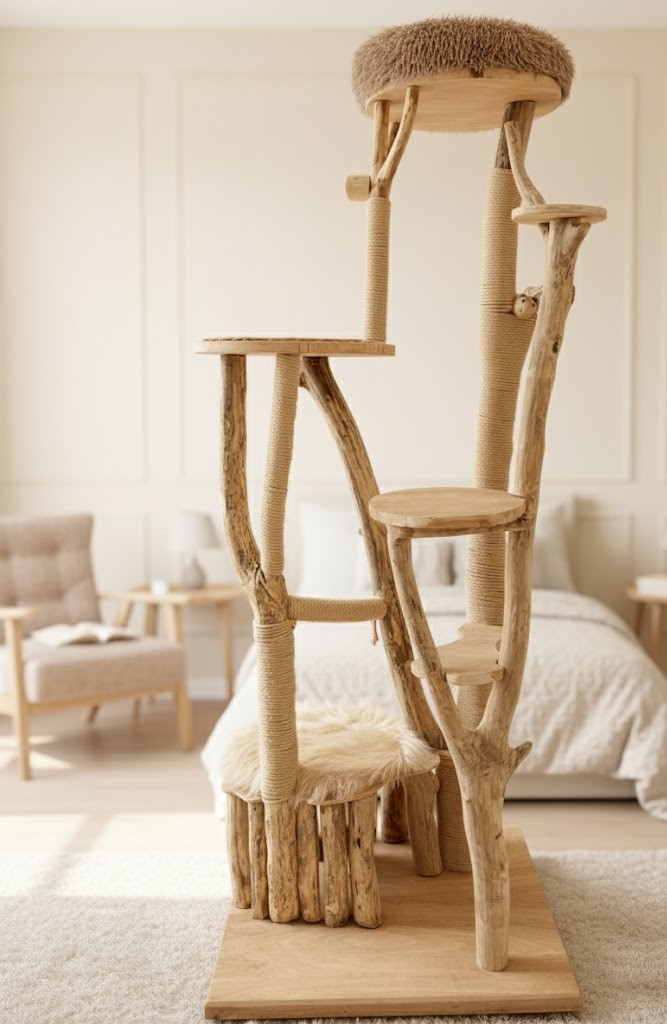 Grand arbre à chat artisanal en bois naturel avec panier en fourrure beige, plusieurs plateformes de saut et griffoirs en sisal, design unique pour chat de race (bengal, main coon)