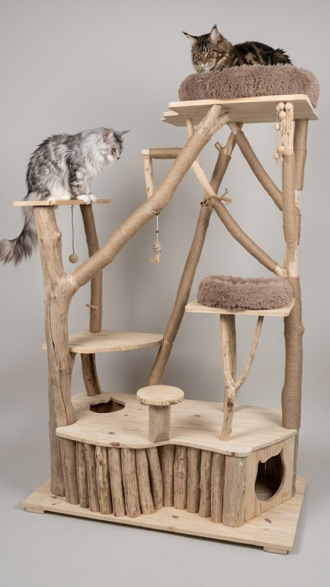 Arbre à chat géant XXL en bois naturel et corde beige avec un chat Maine Coon gris sur une plateforme.