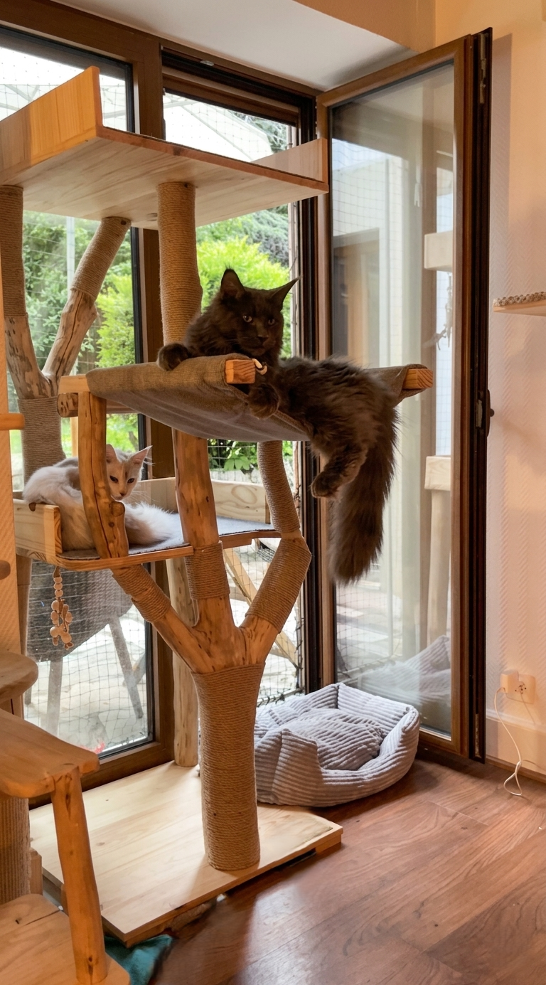 ARbre à maine coon et chat Ch'ADORE artisanal en bois design durable lourd stable décoratif luxe Lyon