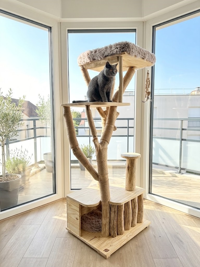 Chat Chartreux sur  un arbre à chat Ch'ADORE en bois design durable lourd stable décoratif luxe Lyon