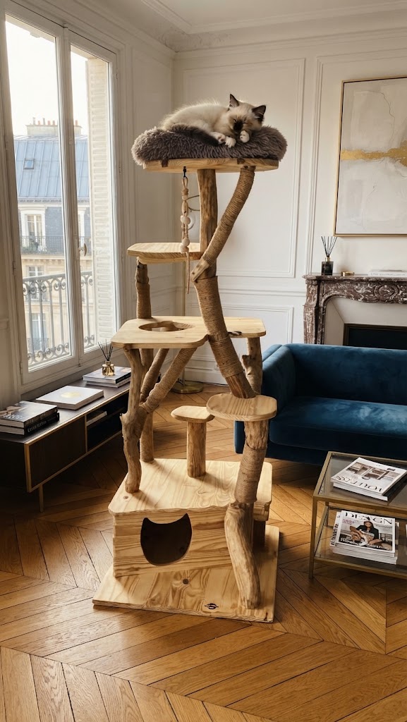 Sacré de Birmanie sur arbre à chat CH'ADORE de luxe en bois.